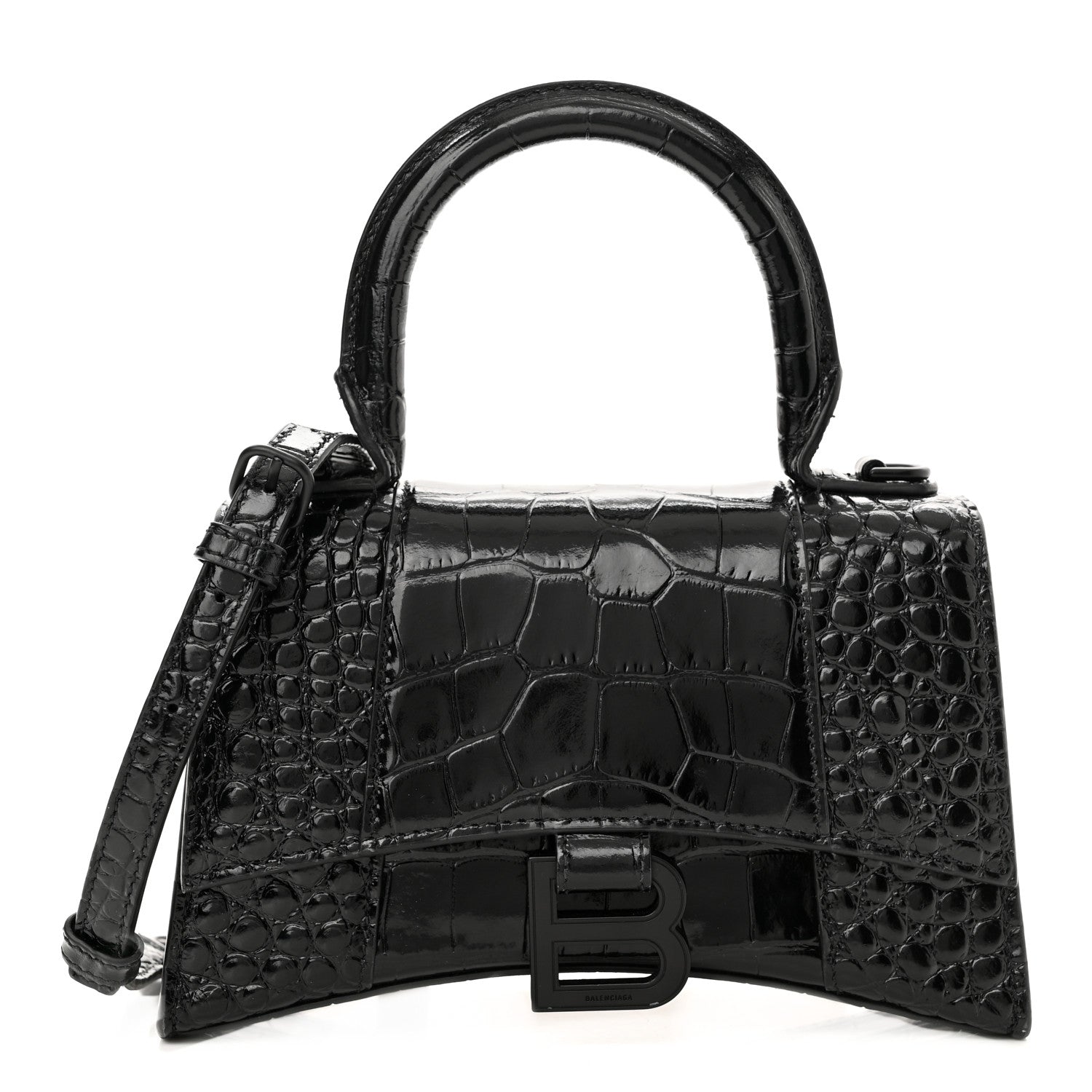 Balenciaga Shiny Calfskin Monochrome Crocodile Embossed Hourglass Top Handle Bag XS Black 1 of 10
