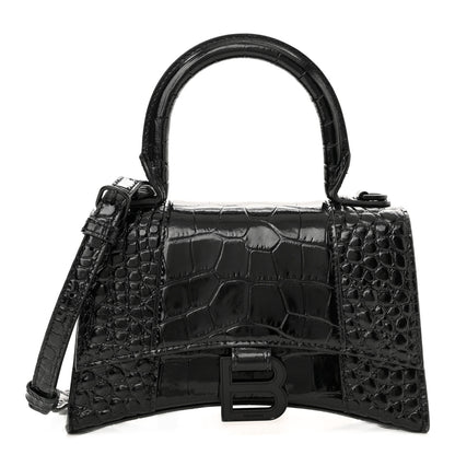 Balenciaga Shiny Calfskin Monochrome Crocodile Embossed Hourglass Top Handle Bag XS Black 1 of 10
