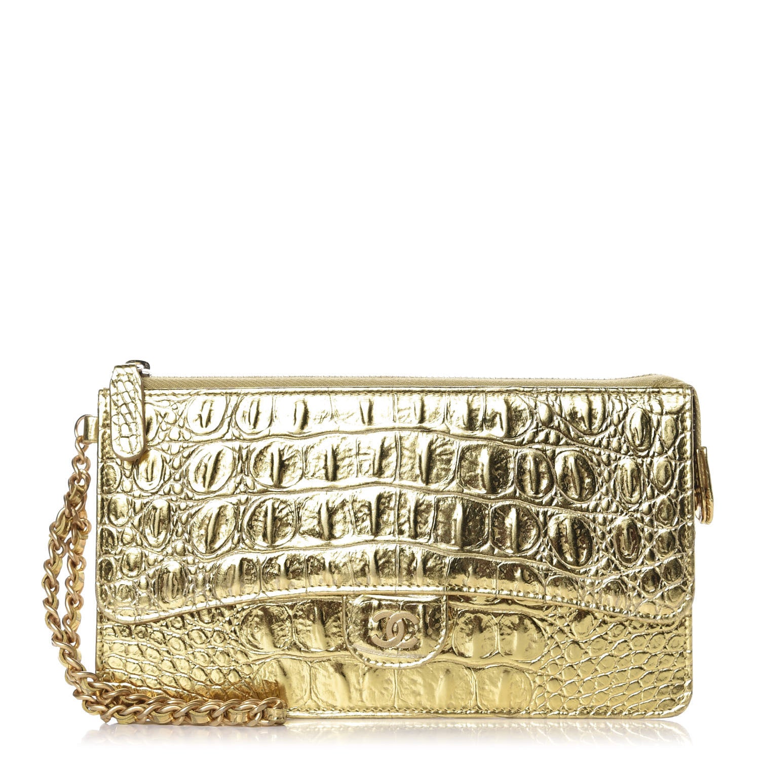 Chanel Calfskin Crocodile Embossed Cocodile Pouch With Chain Handle Gold 1 of 9