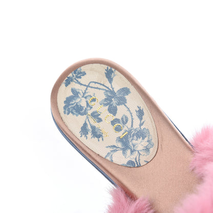 Gucci Faux Fur Silk Satin Crystal Candy Mules 38 Rosa Carta Zucchero 12 of 14