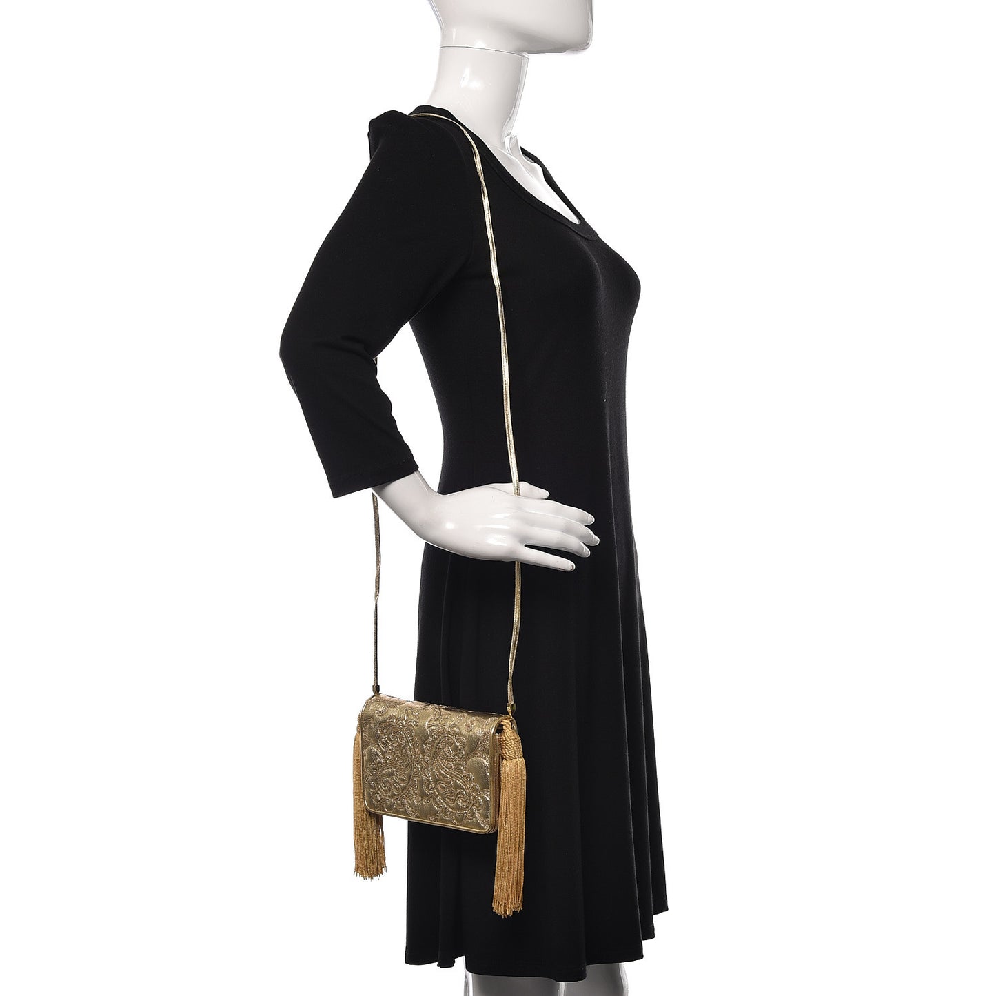 Metallic Calfskin Embroidered Tassel Shoulder Bag Gold