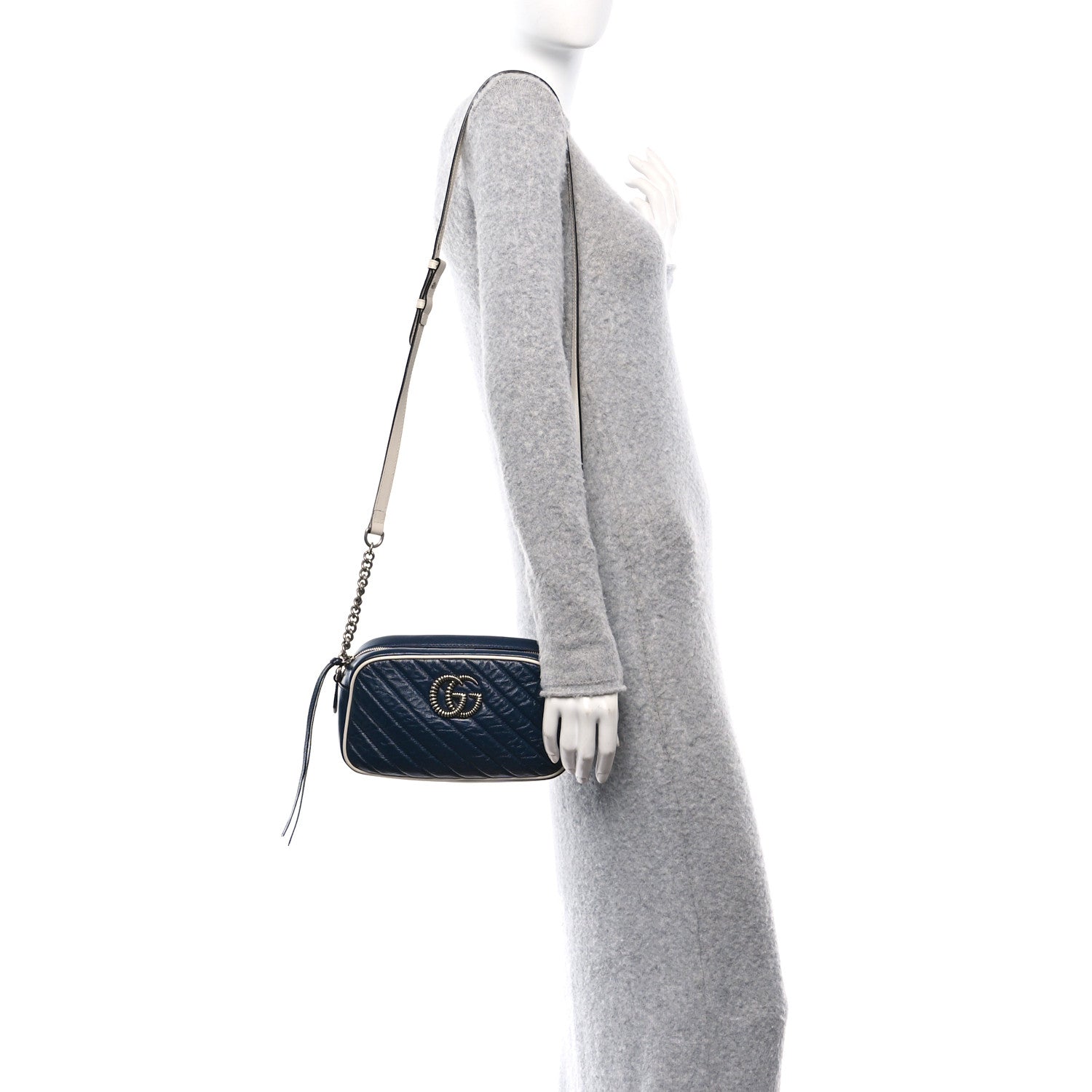 Gucci Vintage Effect Calfskin Matelasse Diagonal Small Torchon GG Marmont Chain Shoulder Bag Blue Agata Mystic White 2 of 10