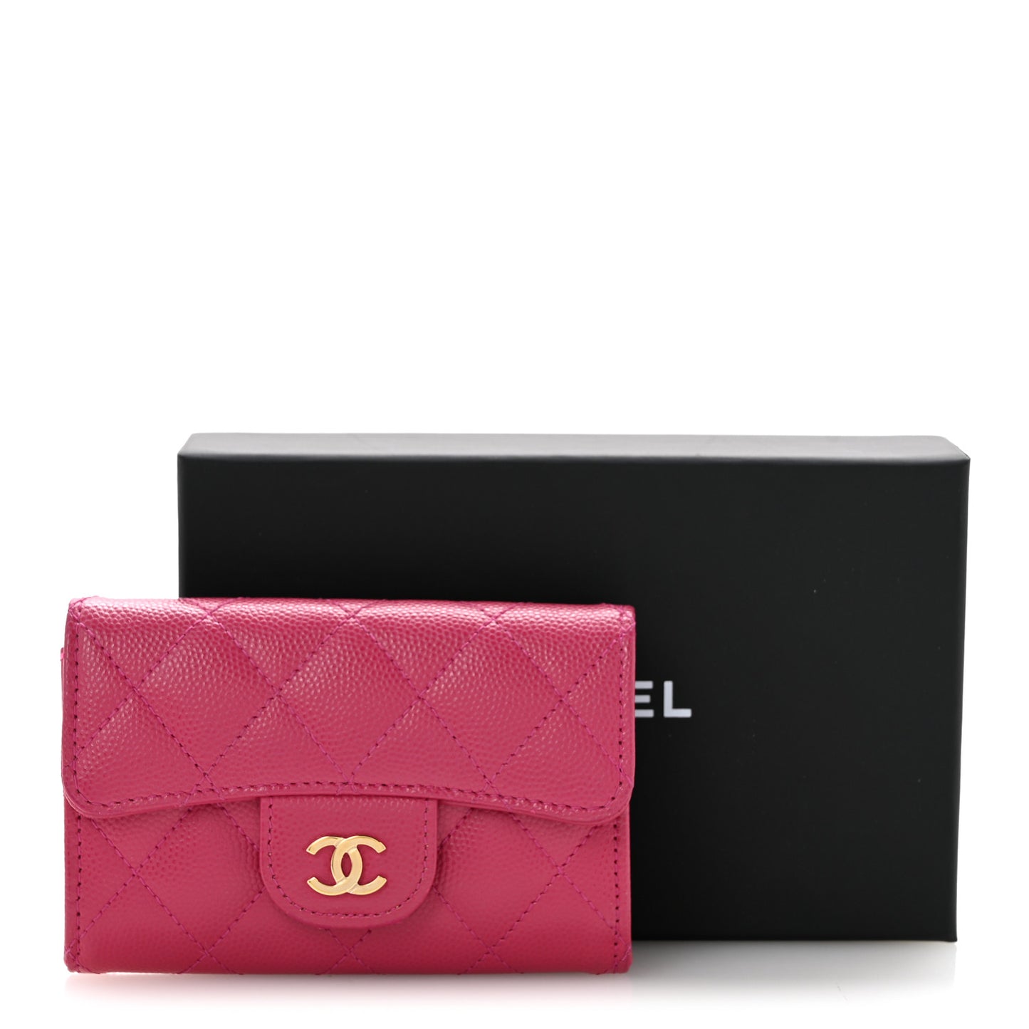 Caviar Quilted Flap Card Holder Wallet Dark Pink
