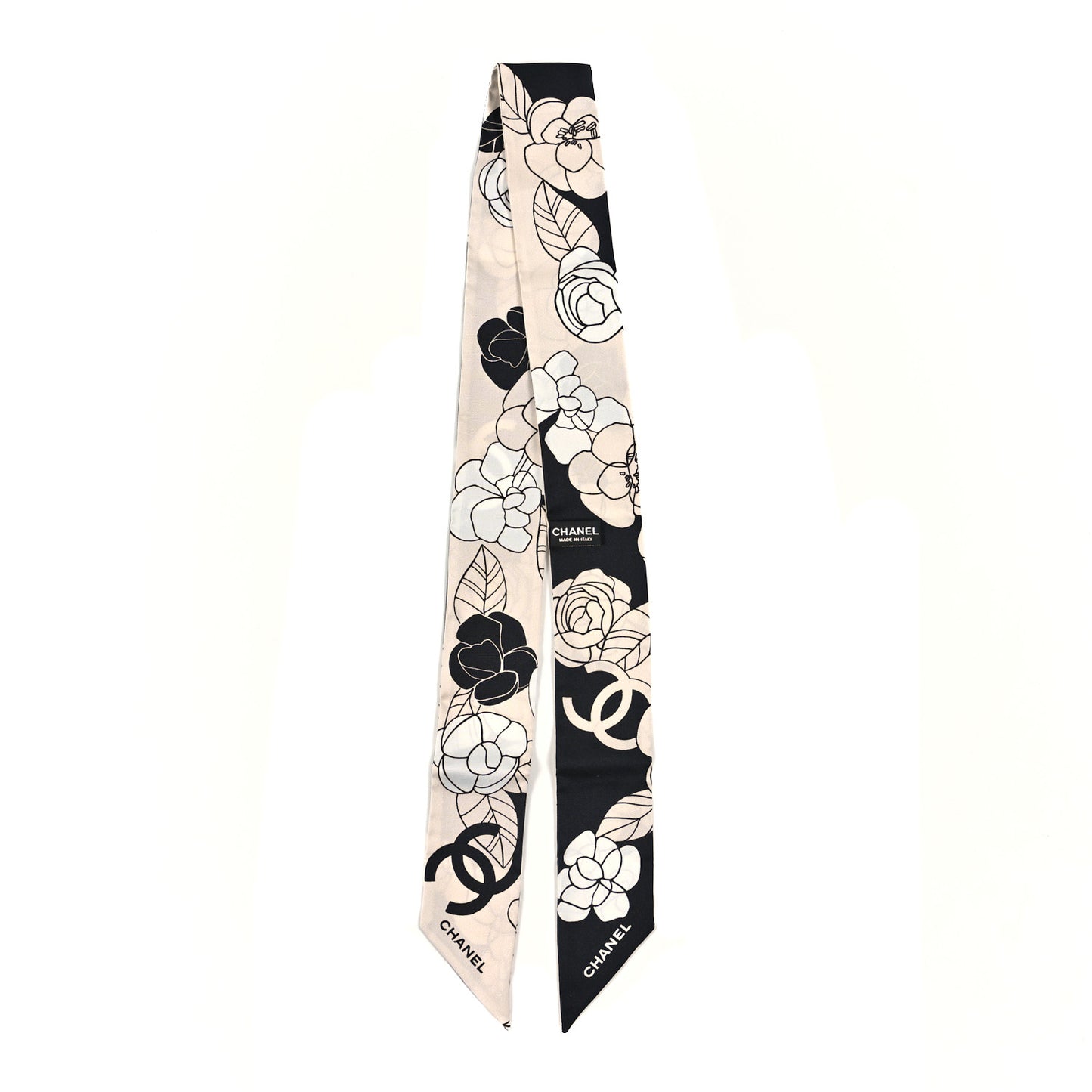 Silk Slim Camellia CC Bandeau Scarf Beige Black