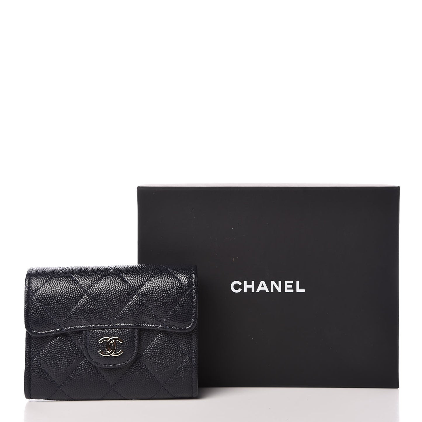 Caviar Quilted Flap Card Holder Wallet Navy