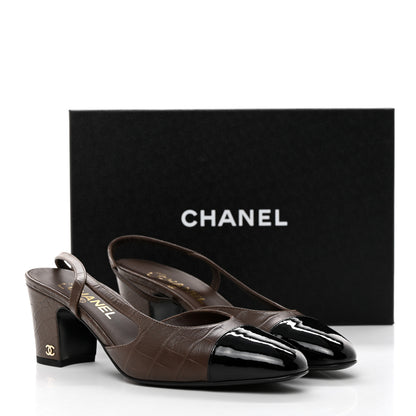 Chanel Calfskin Crocodile Embossed Patent Cap Toe CC Slingback Pumps 39.5 Chocolate Black 9 of 9