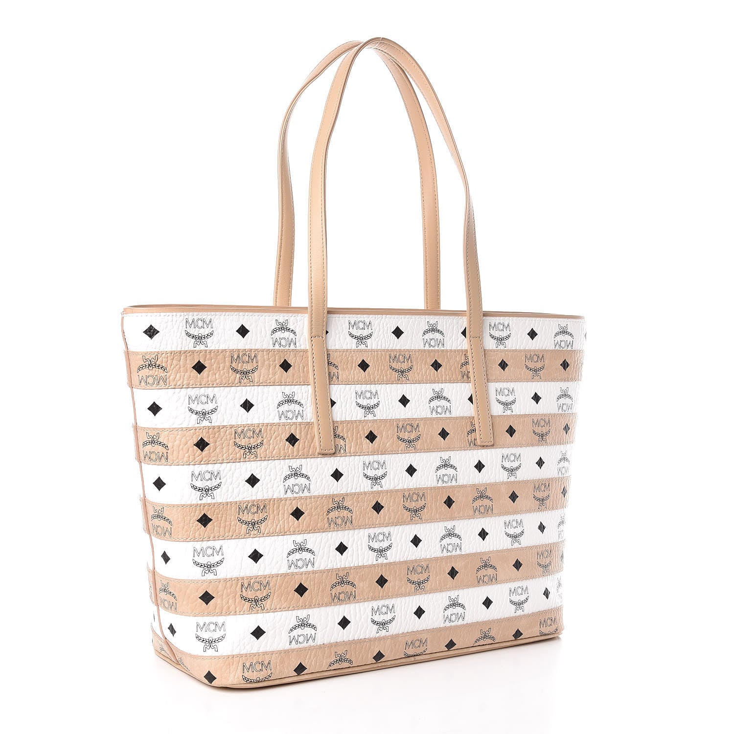MCM Visetos Striped Medium Anya Shopper Tote White Beige 3 of 10