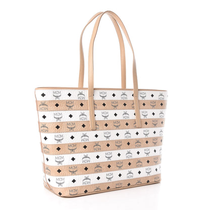 MCM Visetos Striped Medium Anya Shopper Tote White Beige 3 of 10