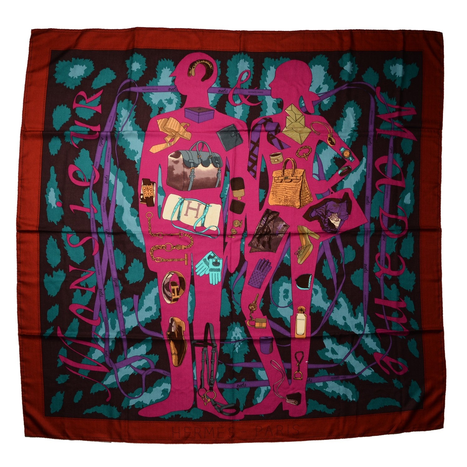 Hermes Cashmere Silk Monsieur Et Madame Shawl 140 Rouge H Fuchsia Canard 1 of 5