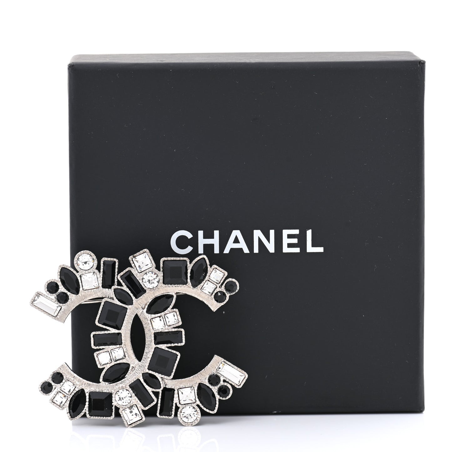 Baguette Crystal CC Brooch Black Silver