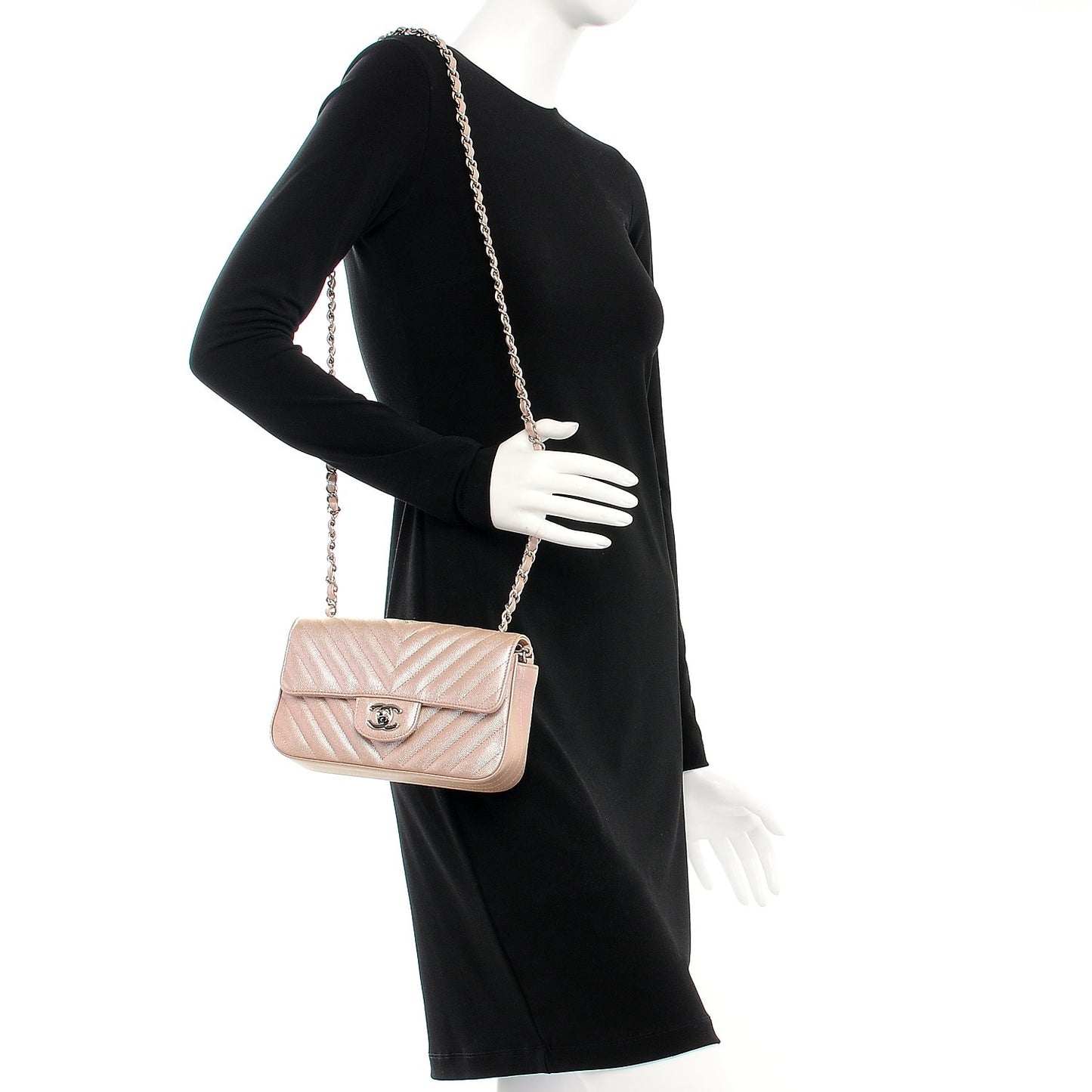 Iridescent Caviar Chevron Quilted Mini Rectangular Flap Light Gold