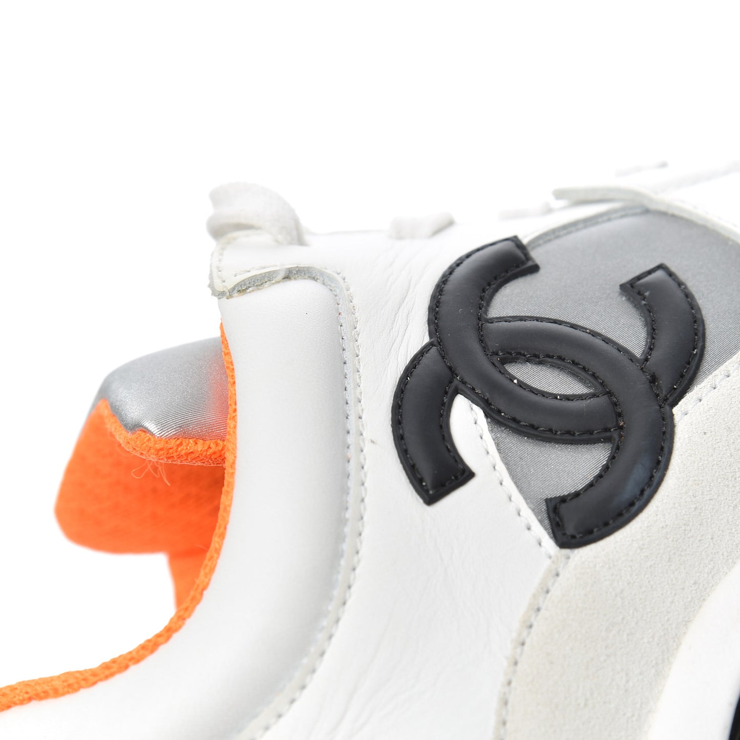 Nylon Calfskin Suede CC Womens Sneakers 37 White Orange