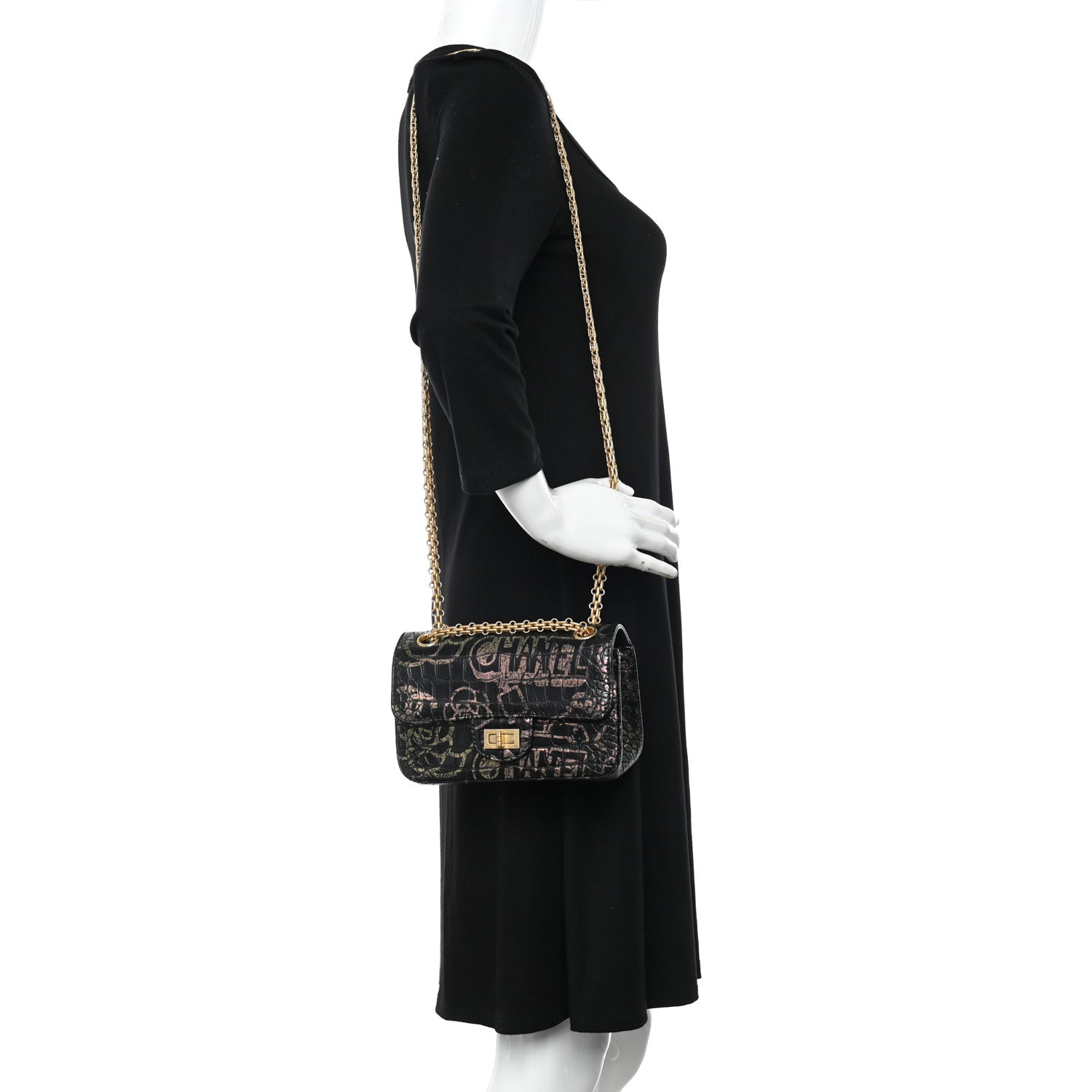 Chanel Calfskin Crocodile Embossed Graffiti 2.55 Mini Cocodile Reissue Flap Black Pink 2 of 11