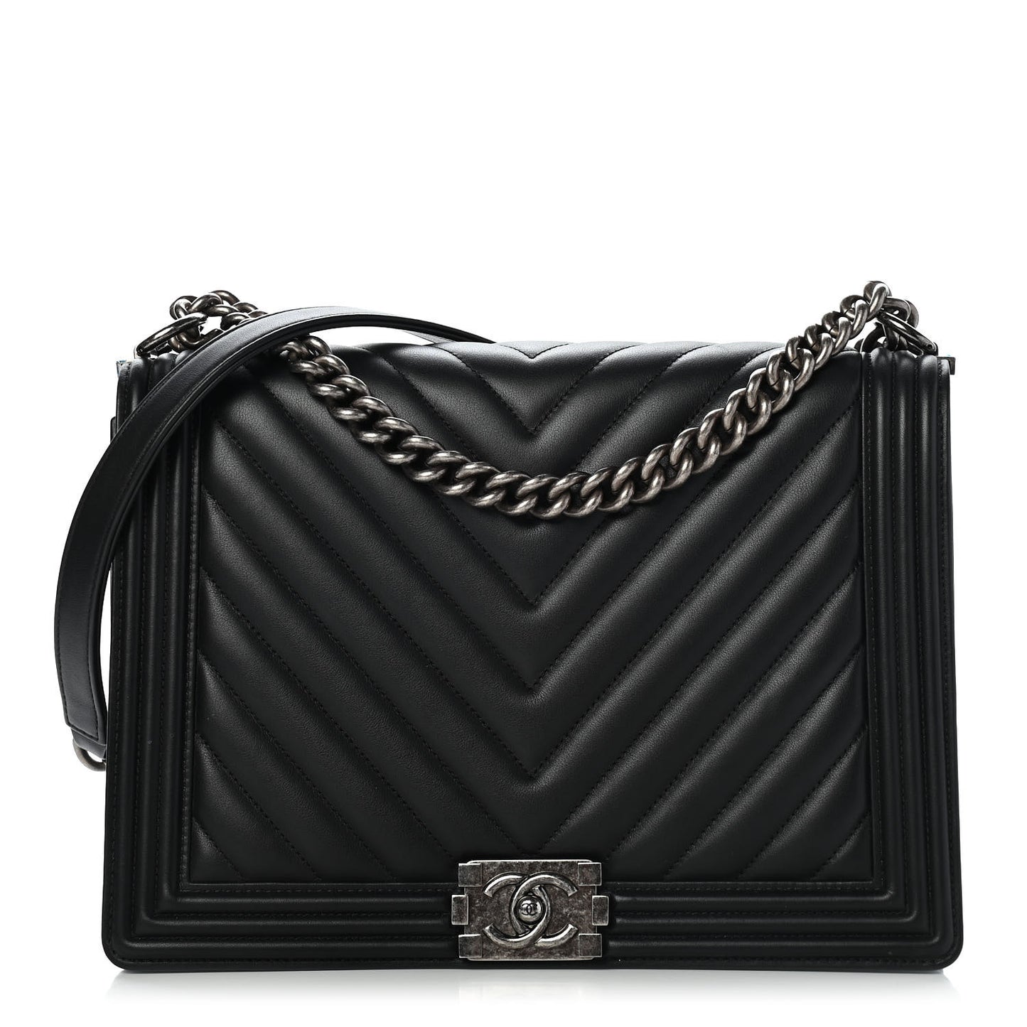 Calfskin Chevron Quilted Large Boy Flap Black
