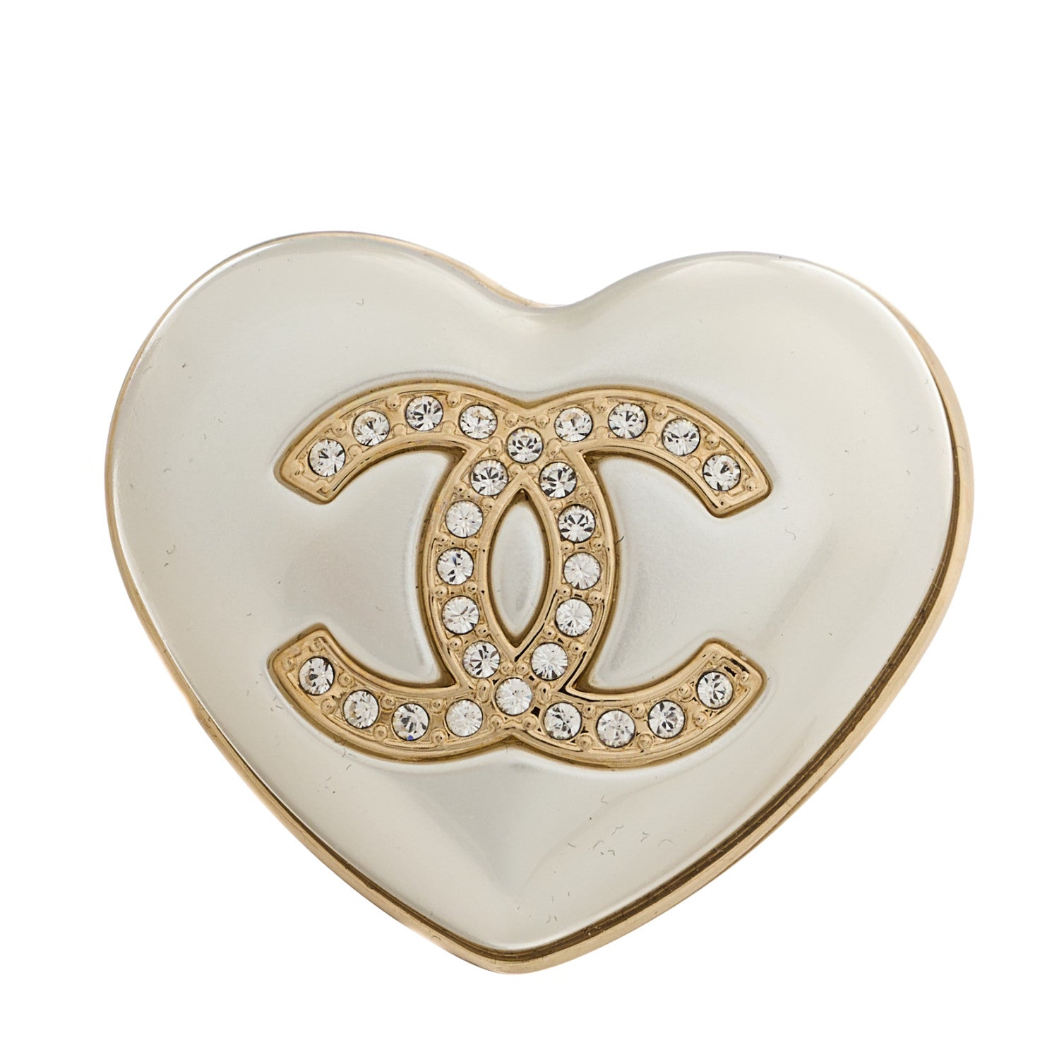 Chanel Resin Crystal CC Heart Brooch Pearly White Gold 1 of 5