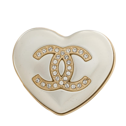 Chanel Resin Crystal CC Heart Brooch Pearly White Gold 1 of 5