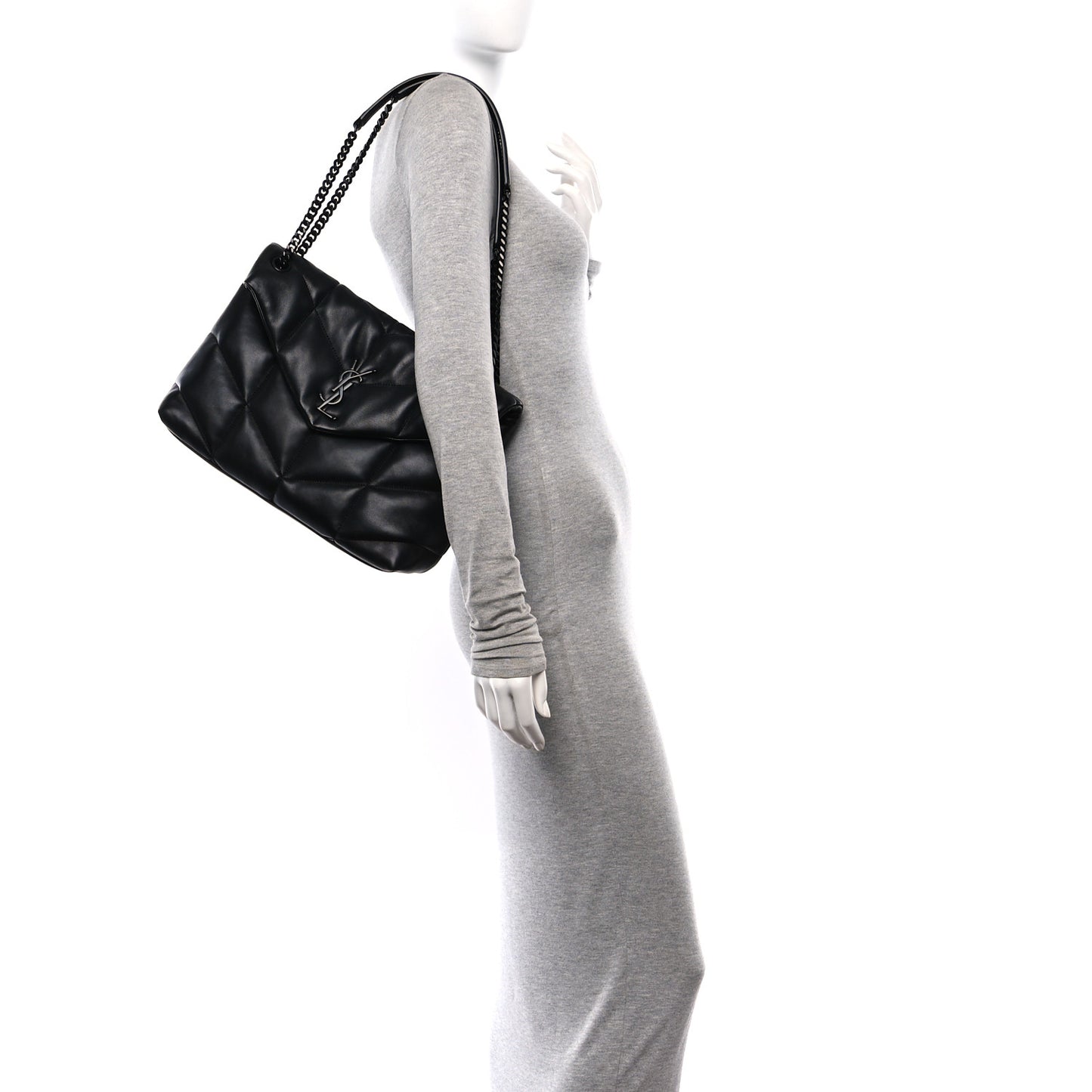 Lambskin Quilted Monogram Monochrome Medium Loulou Puffer Chain Satchel Black