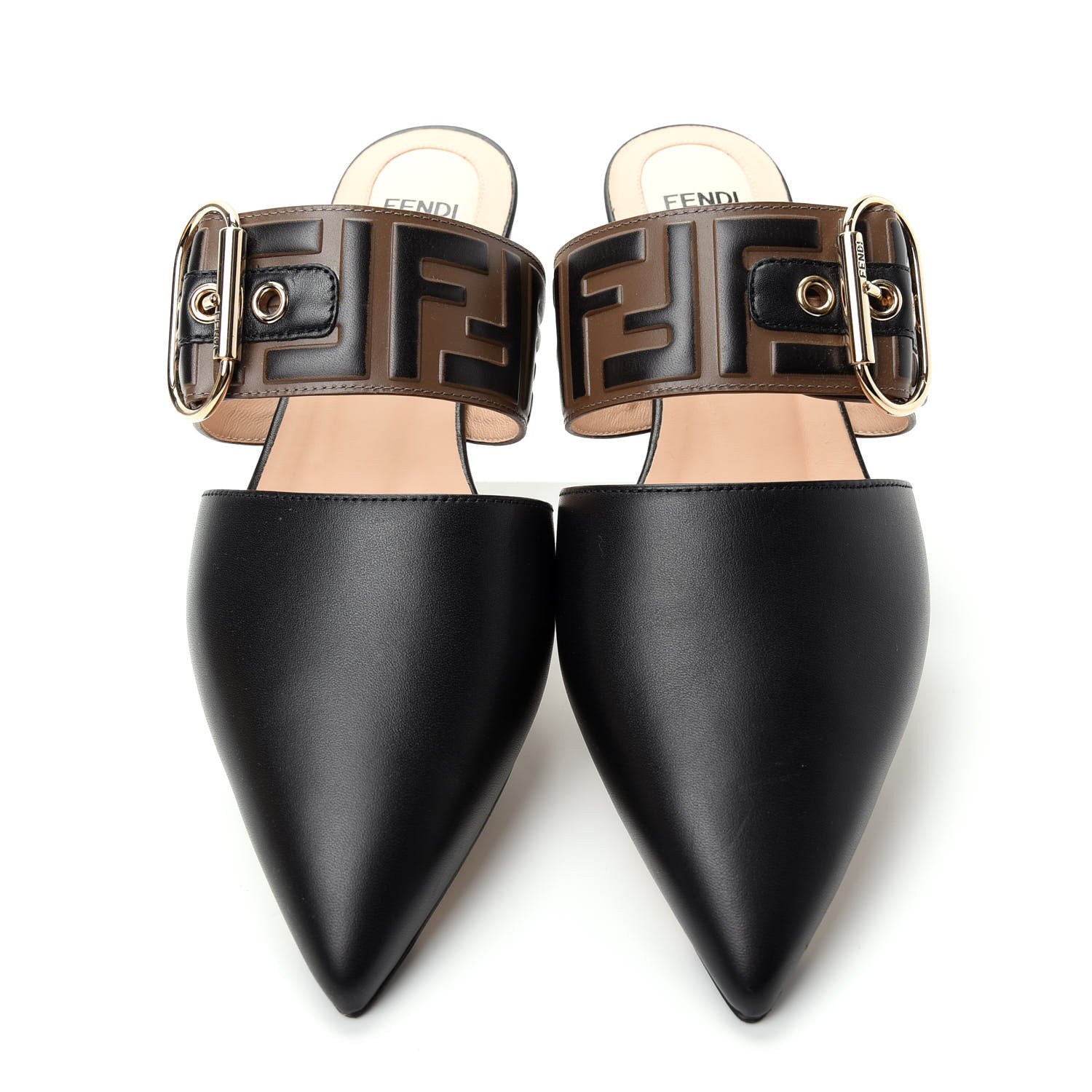 Fendi Vitello FF Embossed Buckle Flat Mules 37 Maya Black 5 of 10