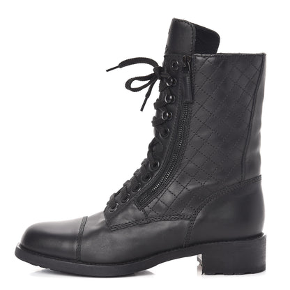 Chanel Calfskin Quilted CC Tall Lace Up Combat Boots 40 Black 1 of 12