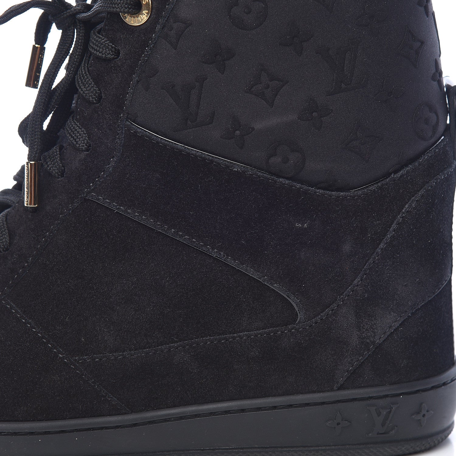 Louis Vuitton Calfskin Suede Monogram Cliff Top Wedge Sneakers 38.5 Black 10 of 14