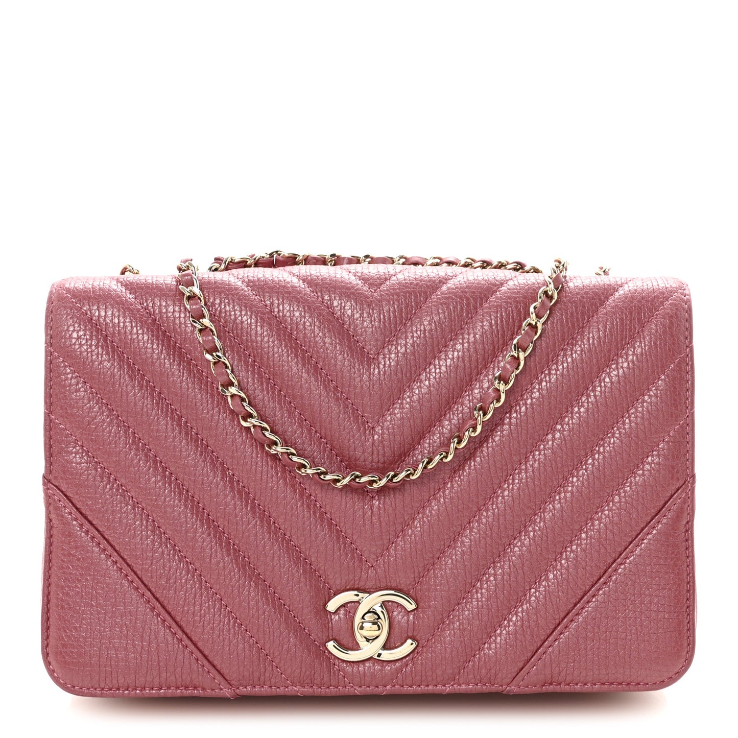 Metallic Calfskin Chevron Quilted Small Statement Flap Pink