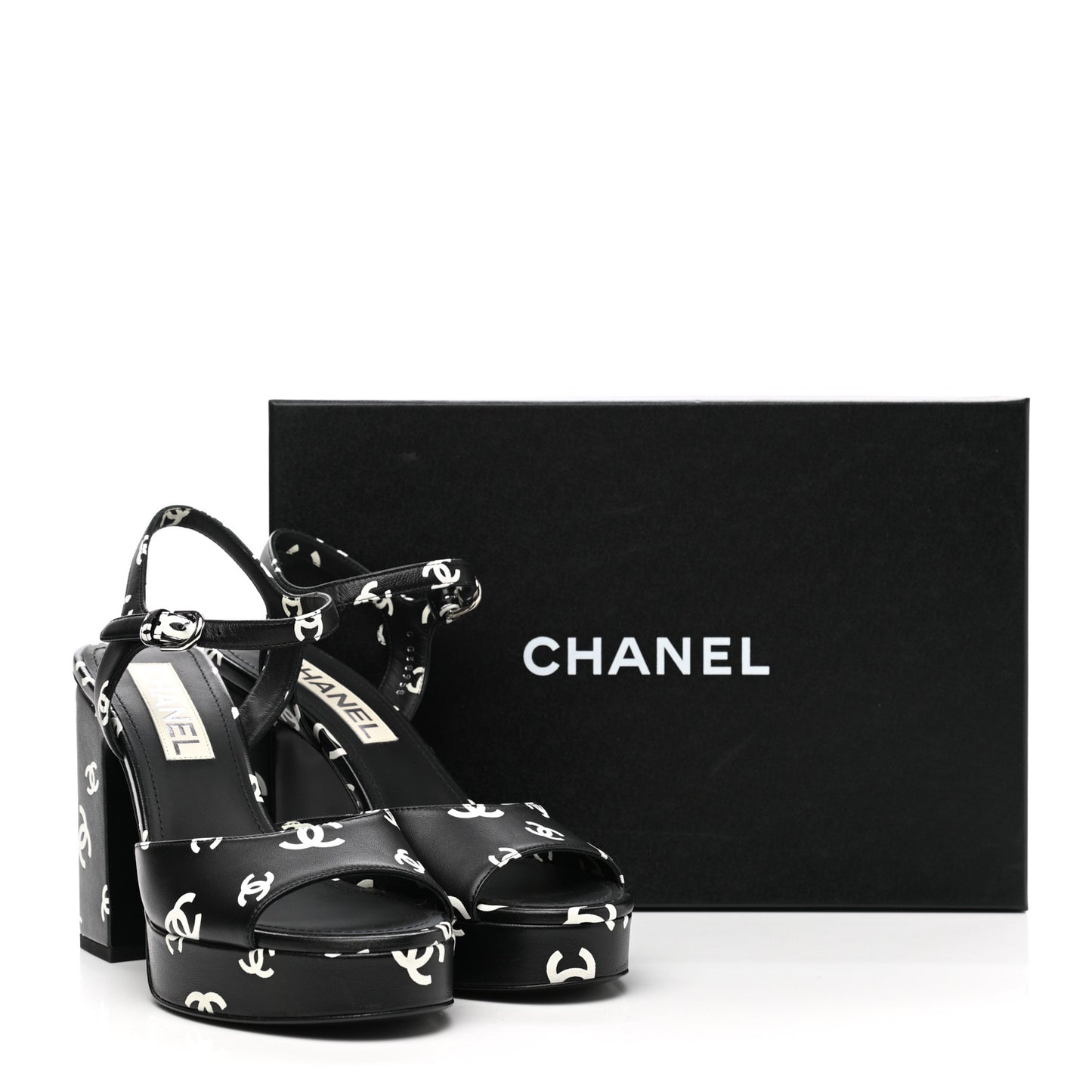 Printed Lambskin CC Platform Sandals 38 Black White