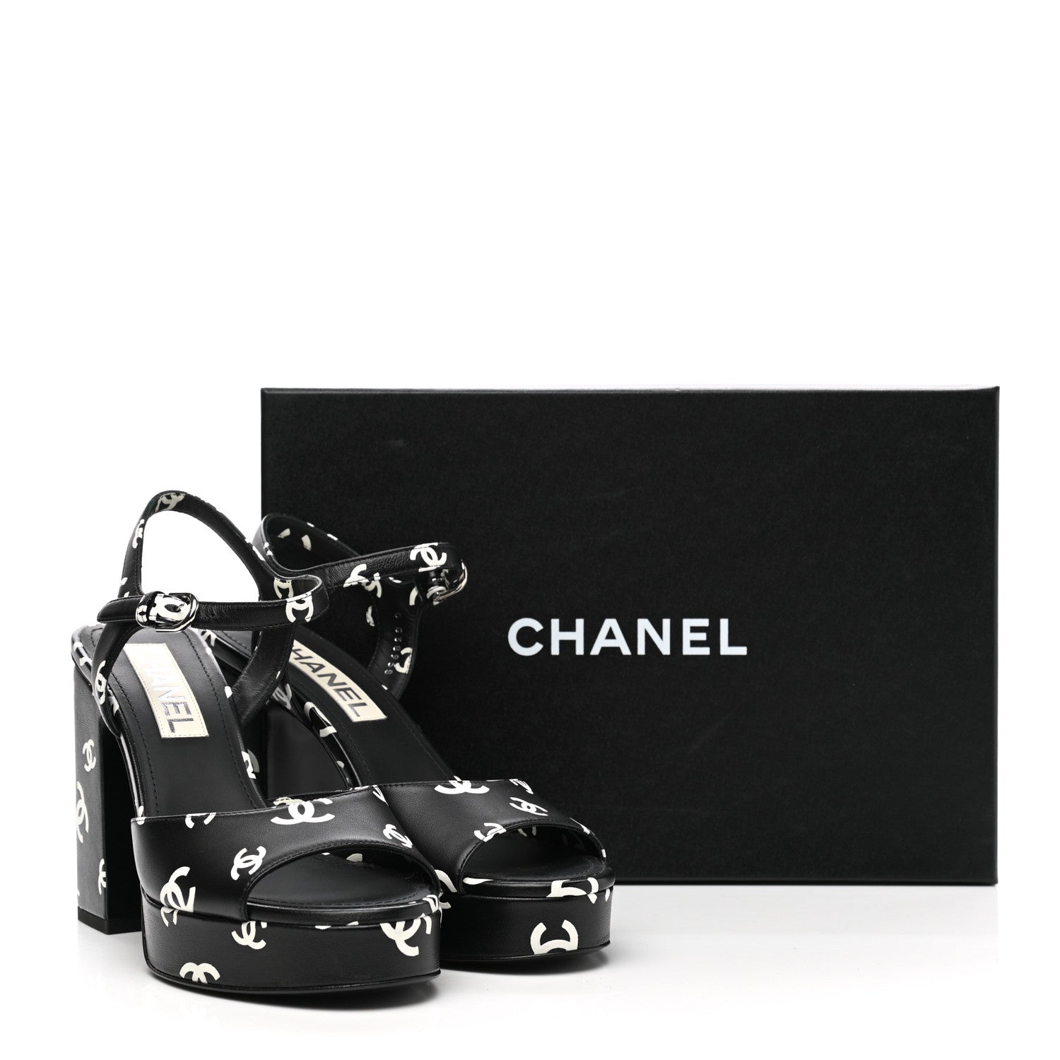 Chanel Printed Lambskin CC Platform Sandals 38 Black White 9 of 9