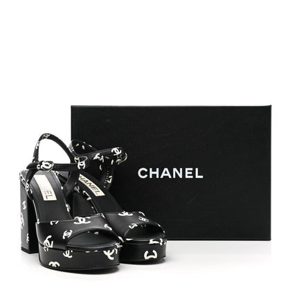Chanel Printed Lambskin CC Platform Sandals 38 Black White 9 of 9