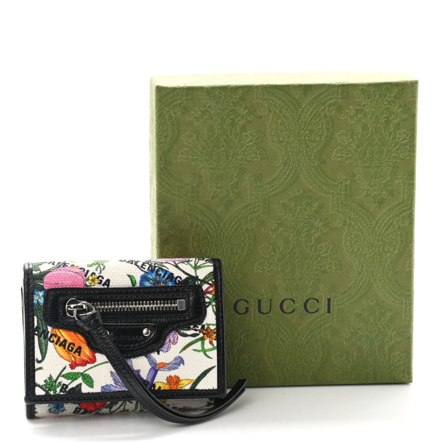 Balenciaga X GUCCI Canvas Azalea Calfskin Flora Logo Print Neo Classic Wallet White Multicolor Black 9 of 9
