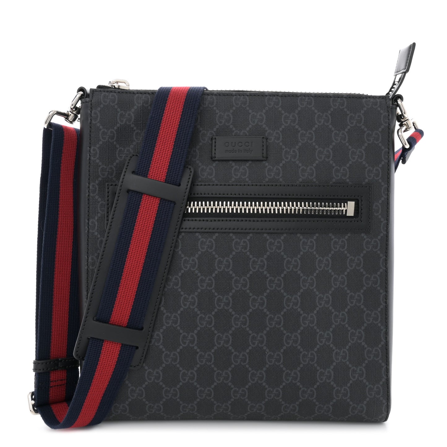 GG Supreme Monogram Appia Calfskin Web Flat Messenger Bag Black Grey