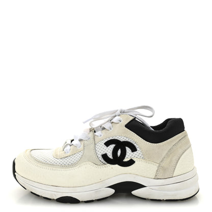 Chanel Mesh Suede Grained Calfskin Womens CC Sneakers 37 White Black 1 of 9