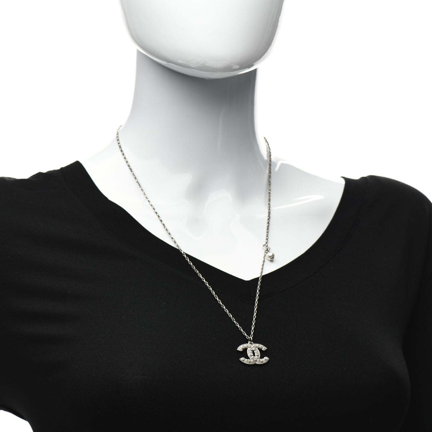 Crystal Pearl CC Pendant Necklace Silver