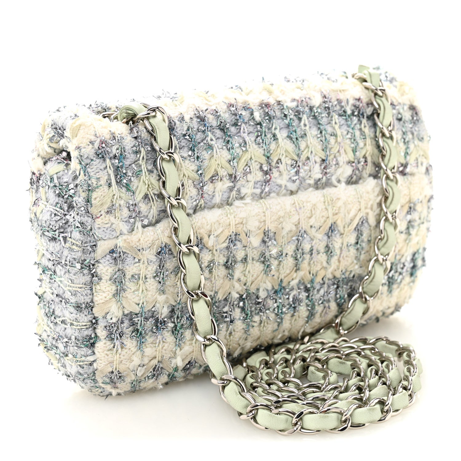 Chanel Tweed Quilted Mini Rectangular Flap Light Green Silver White 3 of 11