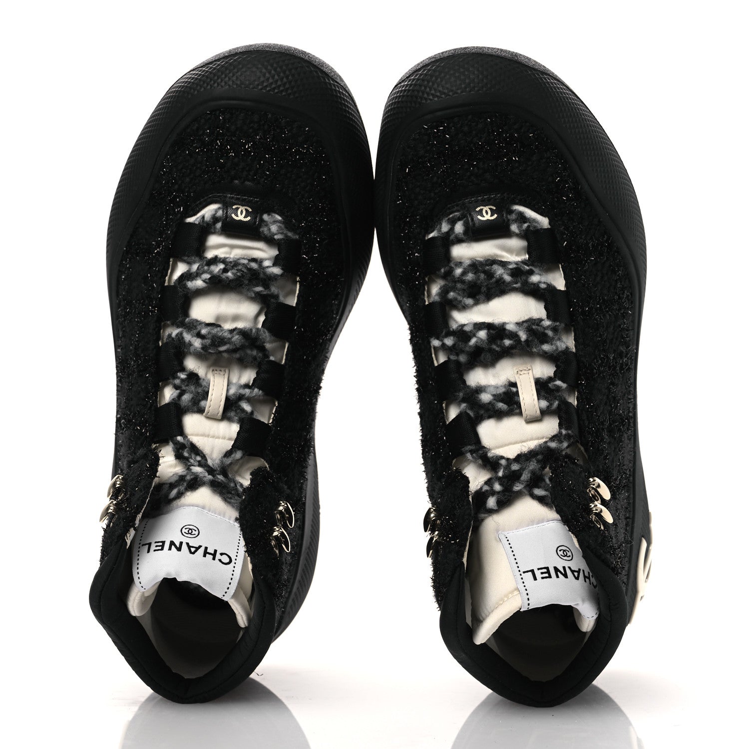 Chanel Tweed CC Lace Up Ankle Snow Boots 38.5 Black 2 of 11
