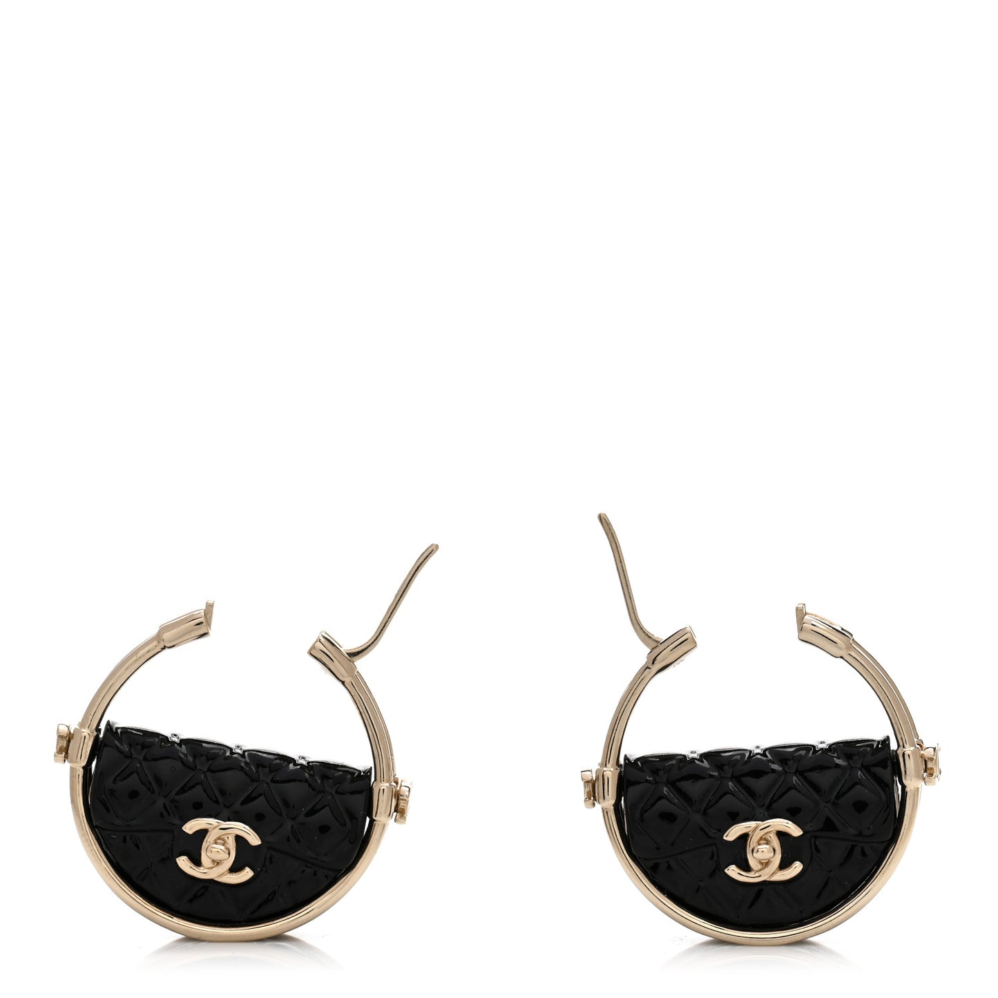 Metal Resin Quilted Flap Bag Hoop Earrings Black Gold