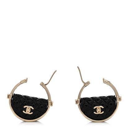 Chanel Metal Resin Quilted Flap Bag Hoop Earrings Black Gold 3 of 5