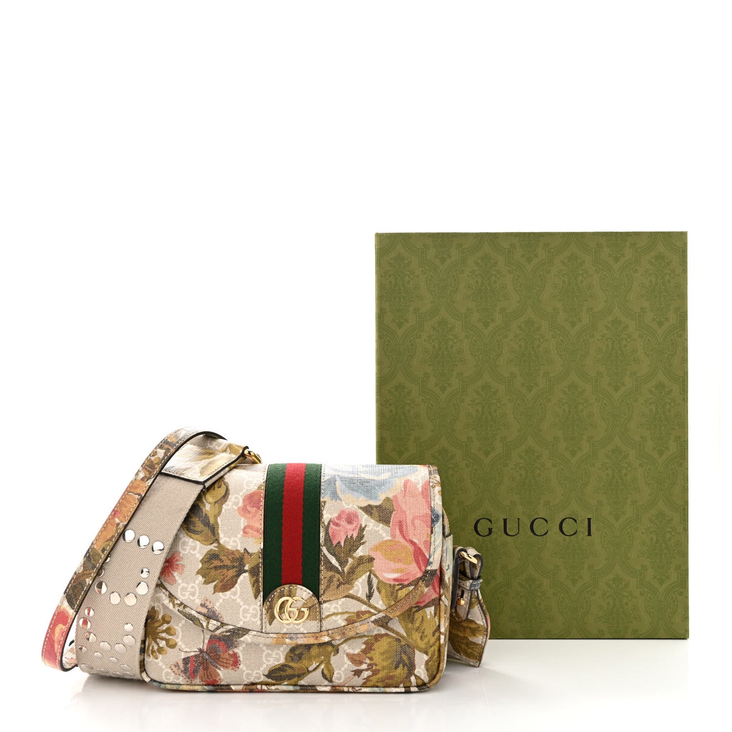 GG Supreme Monogram Water Flora Web Studded Mini Ophidia Flap Shoulder Bag Beige White Multicolor