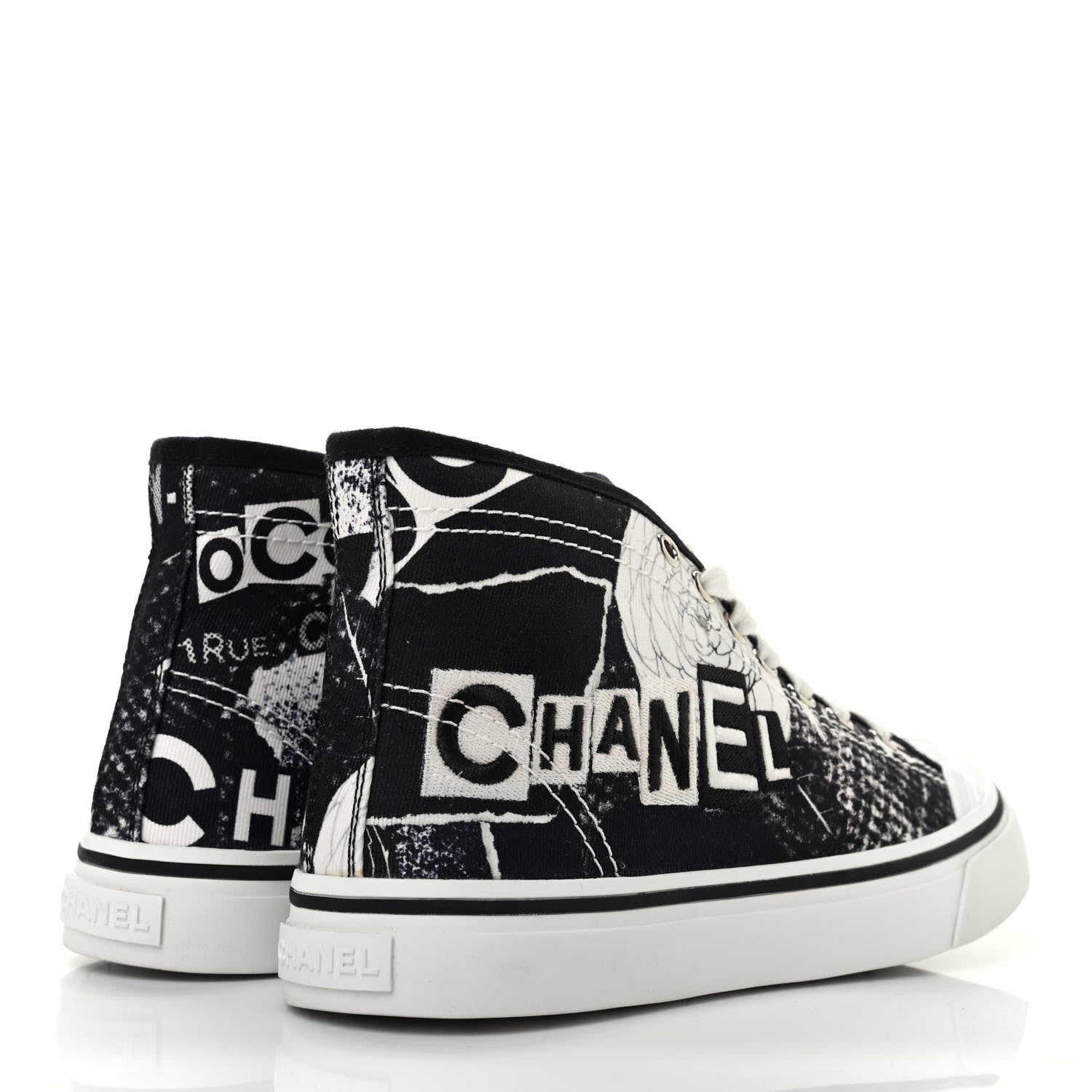 Chanel Printed Fabric High Top Logo Sneakers 38 White Black 4 of 10