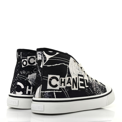 Chanel Printed Fabric High Top Logo Sneakers 38 White Black 4 of 10
