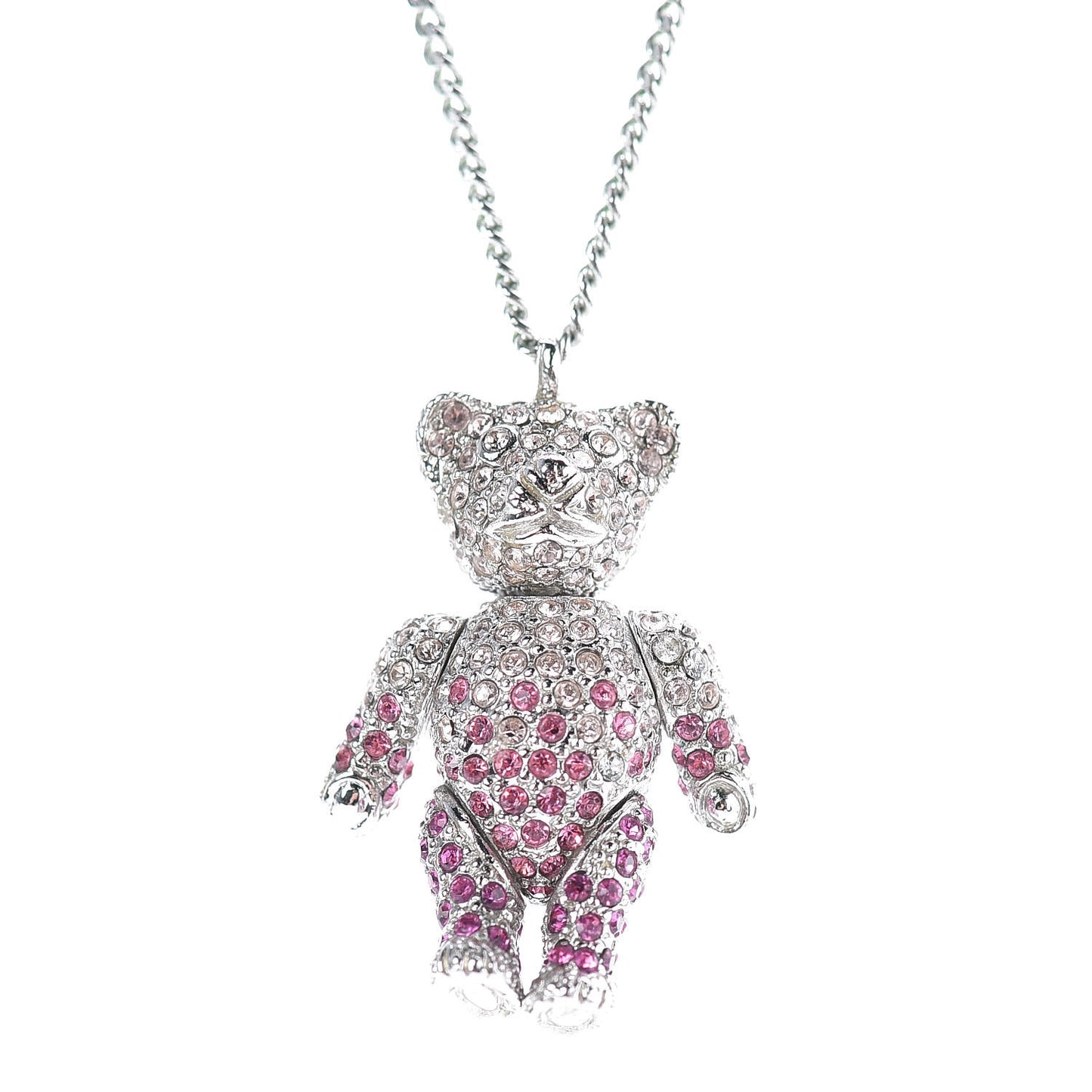 Crystal Teddy Bear Heart Necklace Pink Silver