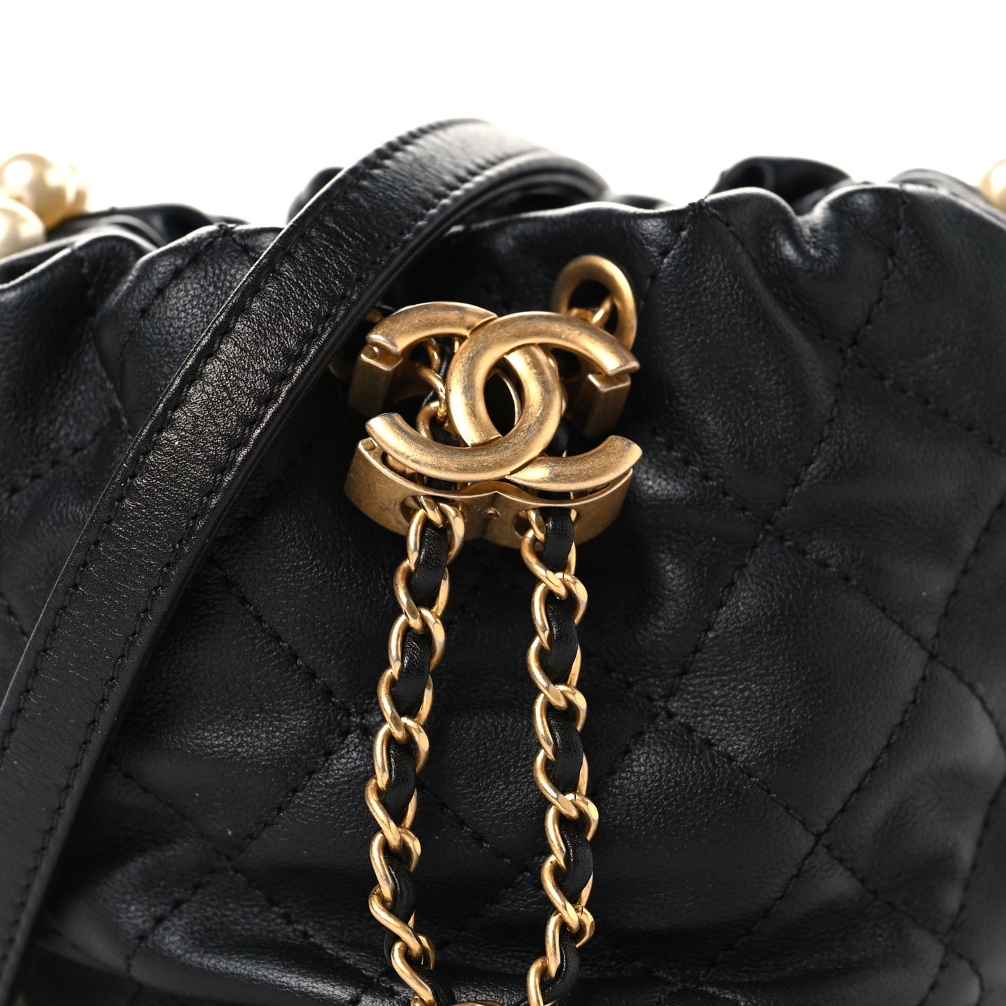 Calfskin Quilted Pearl Mini About Pearls Drawstring Bucket Bag Black