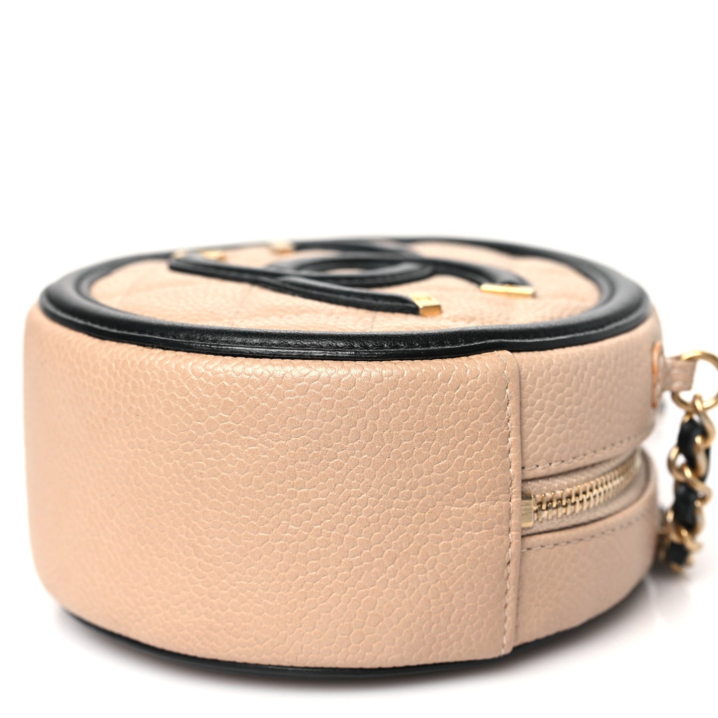 Caviar Quilted Round Filigree Crossbody Beige Black