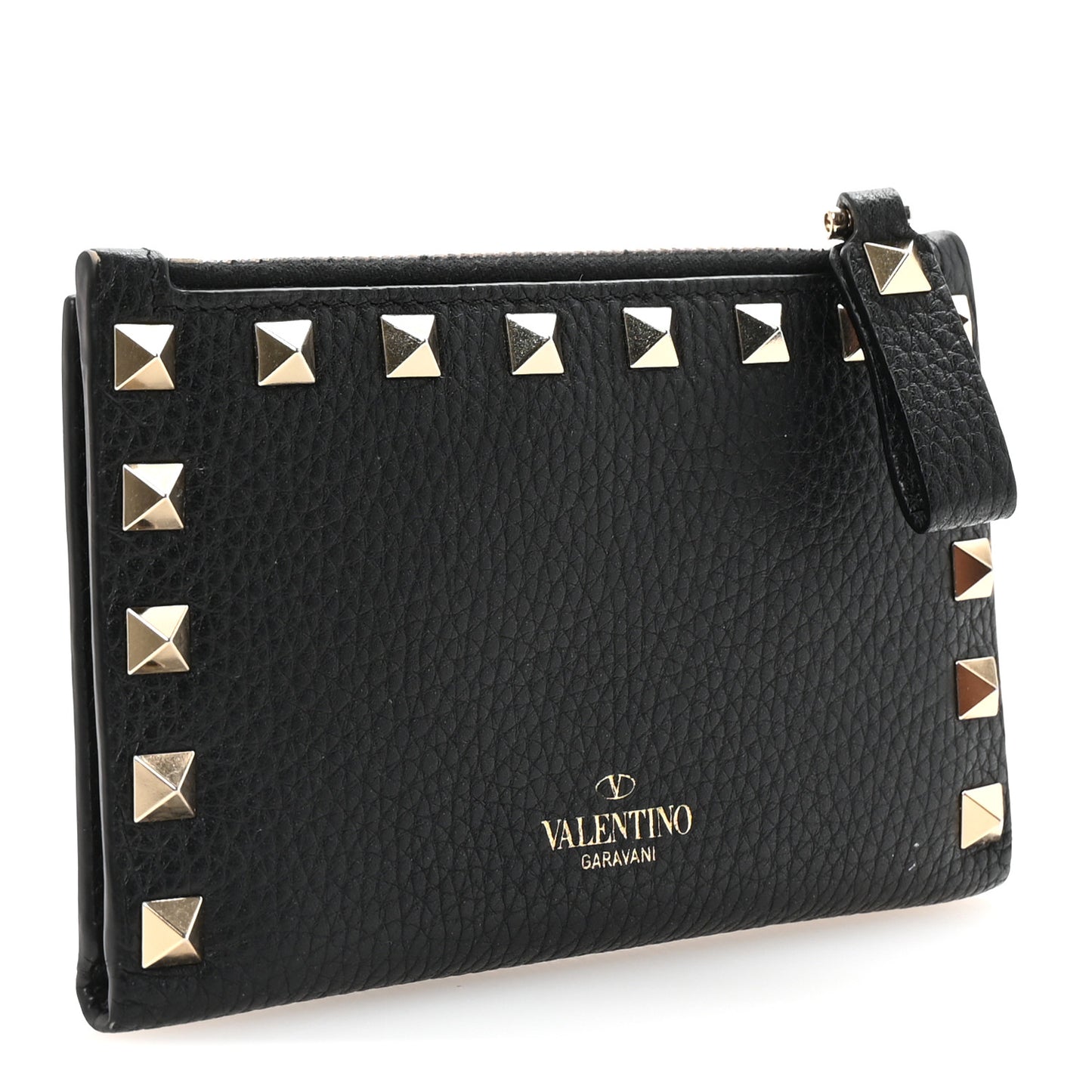Grainy Calfskin Rockstud Coin Purse Card Holder Black