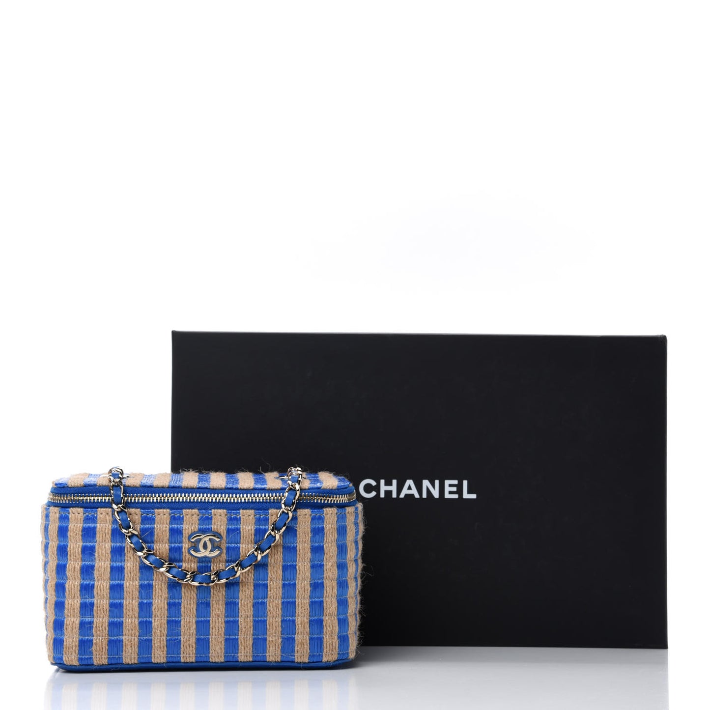 Raffia Jute Striped Small Vanity Case With Chain Blue Beige