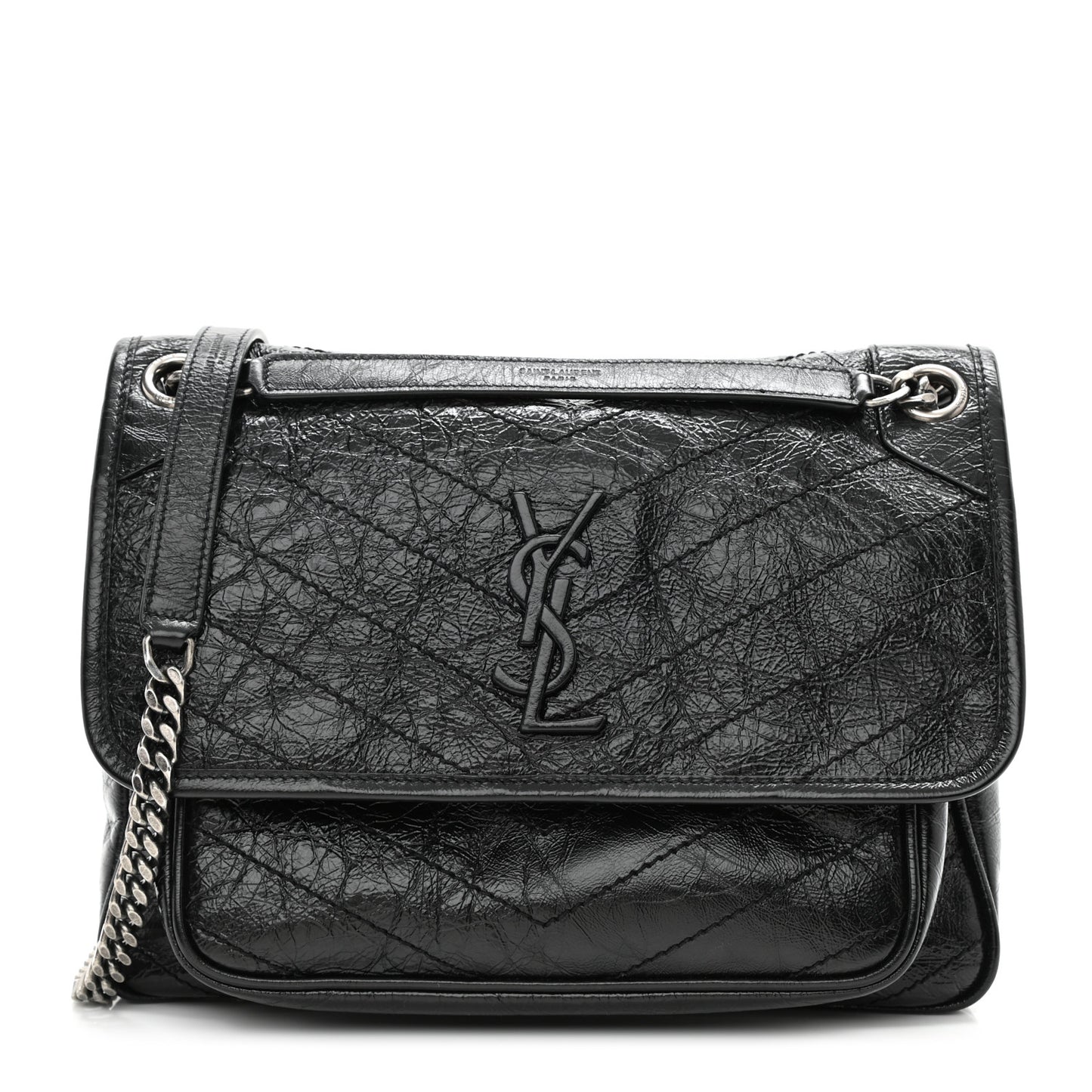 Crinkled Calfskin Matelasse Monogram Medium Niki Chain Satchel Black