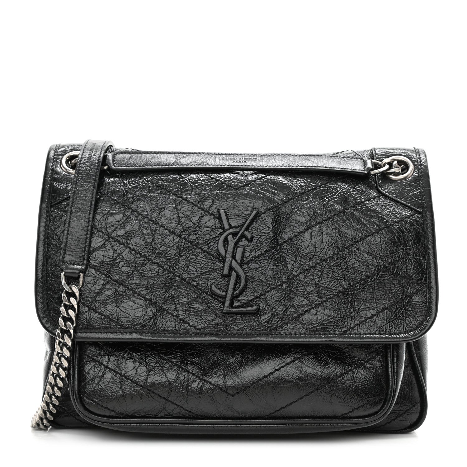 Saint Laurent Crinkled Calfskin Matelasse Monogram Medium Niki Chain Satchel Black 1 of 8