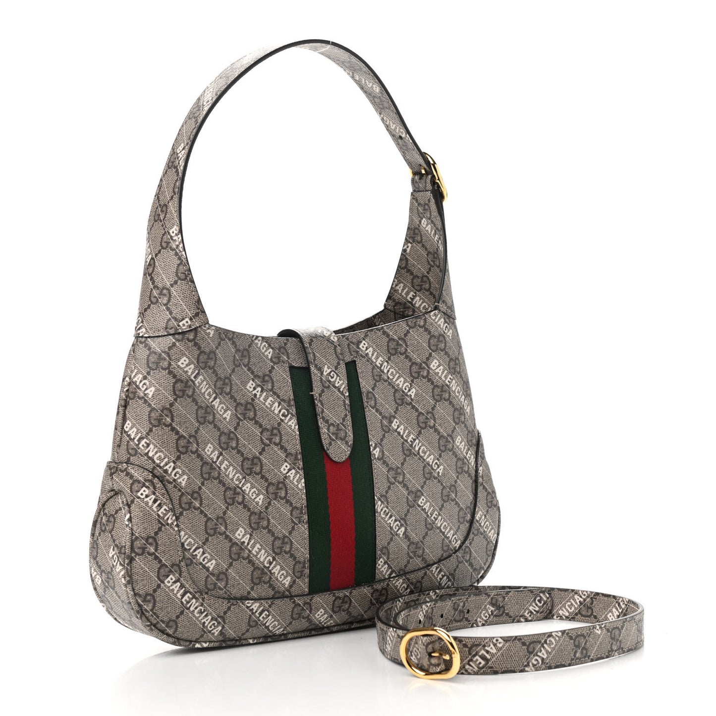 X BALENCIAGA GG Supreme Monogram Striped Logo Print Web Small Jackie 1961 Hobo Beige Ebony Mystic White