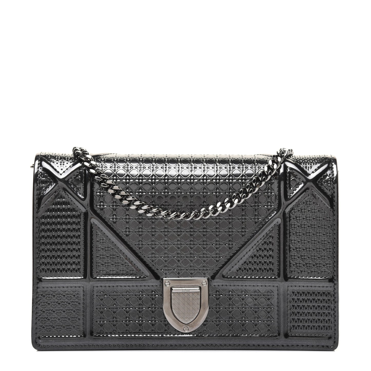 Metallic Patent Micro-Cannage Diorama Wallet on Chain Pouch Onyx Black
