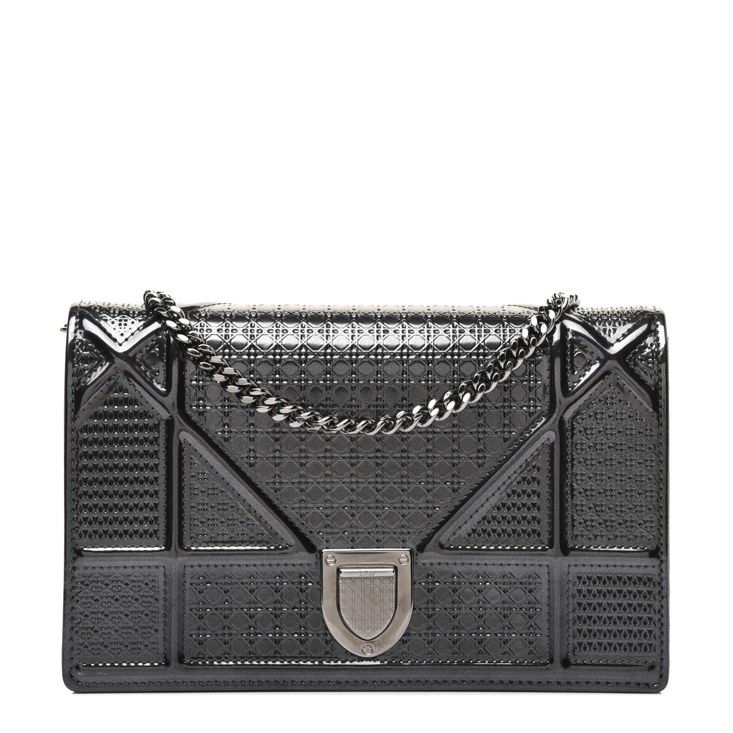 Christian Dior Metallic Patent Micro-Cannage Diorama Wallet on Chain Pouch Onyx Black 1 of 17