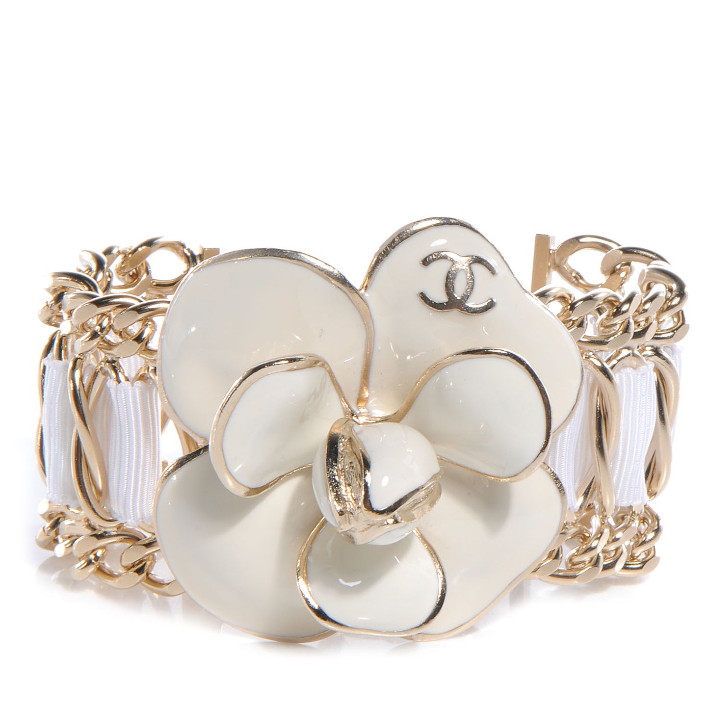 Enamel Camellia Chain Ribbon Bracelet White